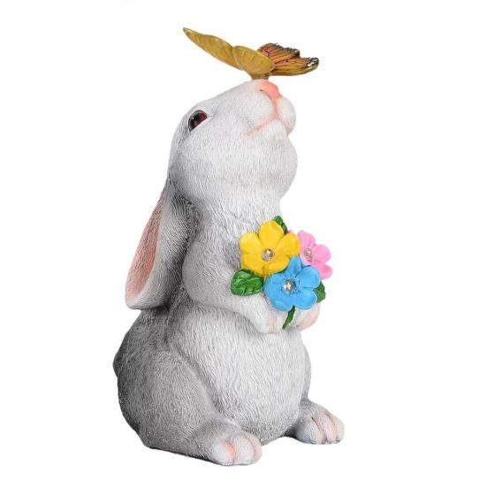 Outdoor Solar Rabbit Statue with LED Light Garden Waterproof Resin Butterfly Bunny Figurine Patio Yard Lawn Easter Decoration Ornament