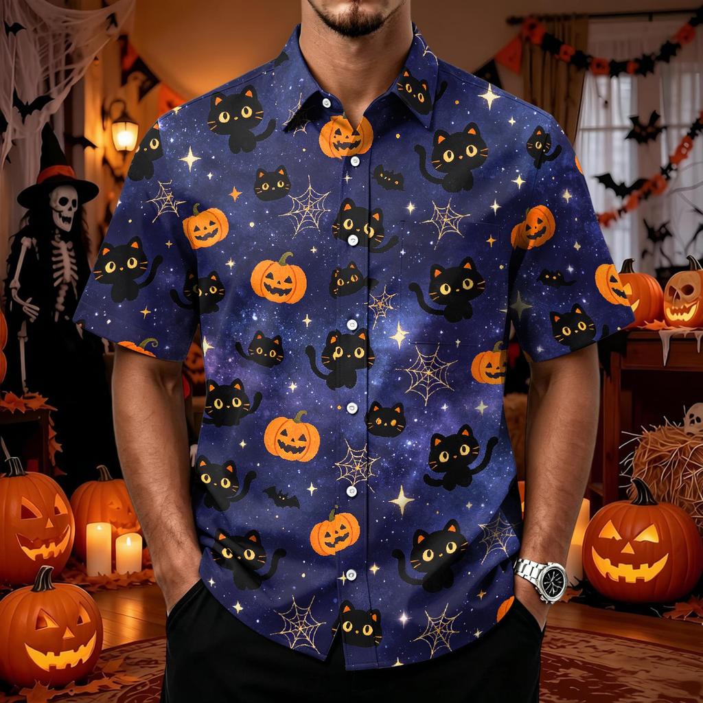 Men's Halloween Button Down Shirt Short Sleeve Casual Cardigan for Party