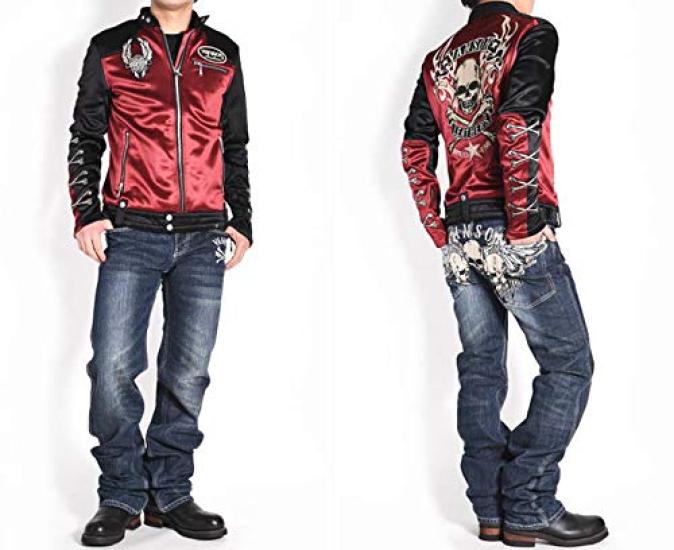 by our Riders Flying Fire Skull Embroidery Patch Bonding Riders Jacket Wine Red x [Banson] [Custom-ordered store] & JFV-901-WINERED-BLACK (XXL, Black)