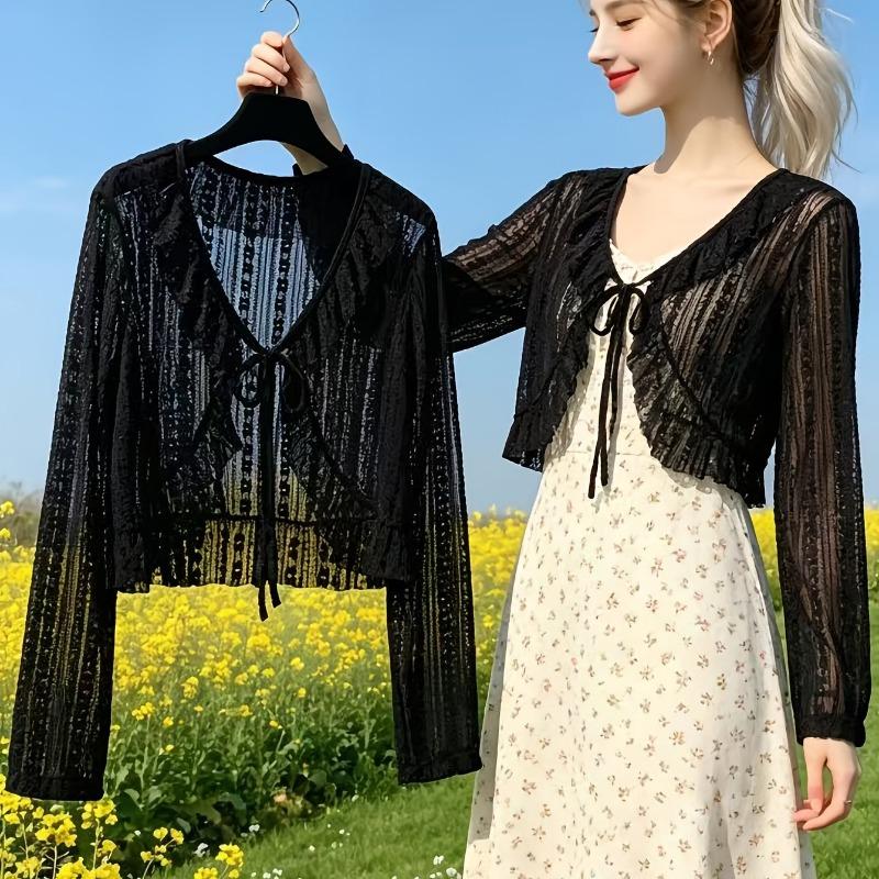 Women's Cardigan Jacket, Summer Lightweight Breathable Lace Tie Shawl, Fashionable Versatile Short Cardigan Jacket, Outerwear for Slip Dresses
