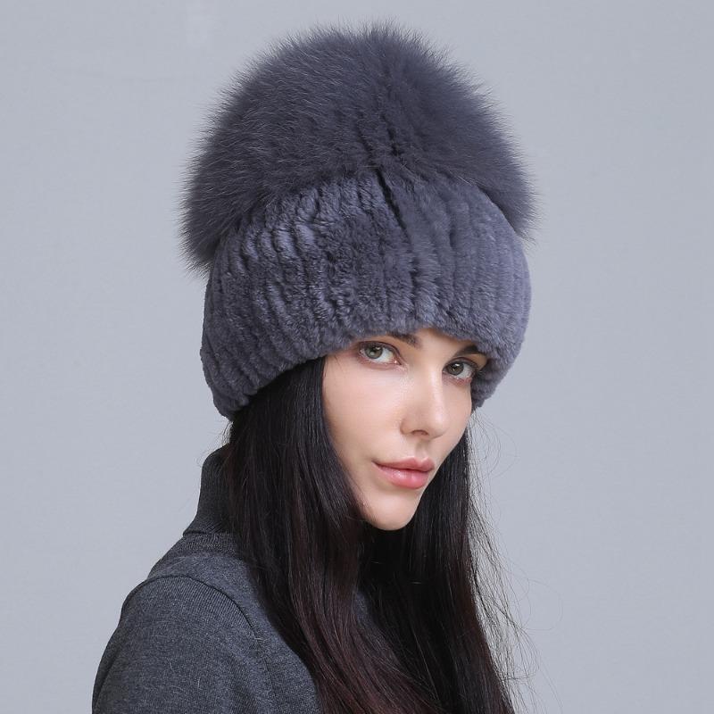 New fur hat Rex rabbit hat thickened versatile fox hair mushroom hat women's winter warm hat