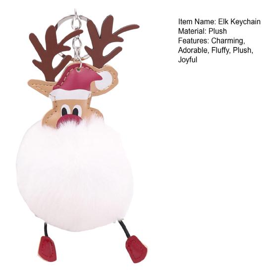 Christmas Deer Keychain Cute Reindeer Pom Pom Keyring Faux Fur Fluffy Plush Ball Charm for Handbag Backpack Purse Accessory