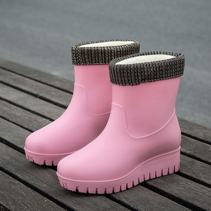 Fashionable And Warm Rain Boots For Women With Fleece Lining Waterproof And Anti Slip Midsole Water Shoes