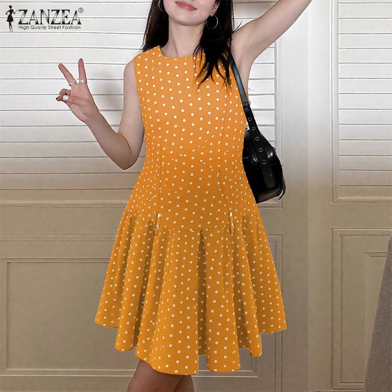 

ZANZEA Женское повседневное летнее платье без рукавов с круглым вырезом и принтом в горошек S синий