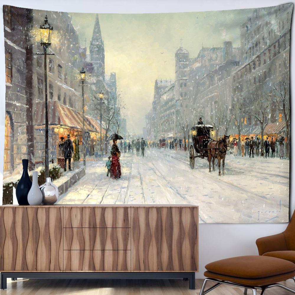 Christmas City Oil Painting Tapestry Wall Hanging Bohemian Hippie Tapez Christmas Festival Art Bedroom Living Room Home Decor