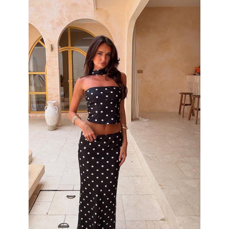 Outfitgirl Elegant Polka Dot Halter Tube Top Tops Female Summer Vacation Backless Slim Fit Sheath Skirt Suit