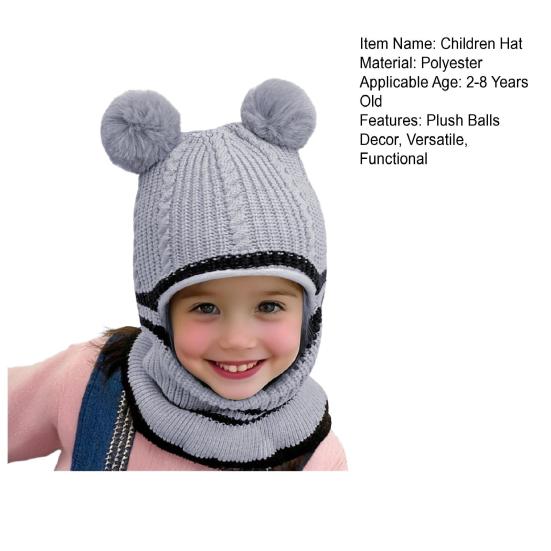 Children Hat Plush Balls Decor Thickened Knitting Hat 3-in-1 Design Hat Scarf Face Guard Headgear Elastic Fit Windproof Hat