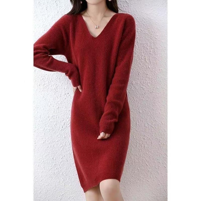 Medium and Long Knitted Sweater Skirt Women's V-neck Straight Thickened Inner Warm and Versatile Bottom Long-sleeved Sweater Dress