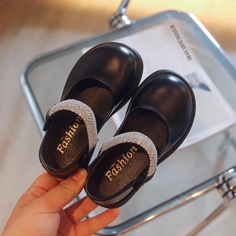 

Pure Color Girls Leather Shoes Spring Autumn Simple Princess Rhinestone Mary Janes Platform Heeled Children Shoes Girls I07165 26 чорний