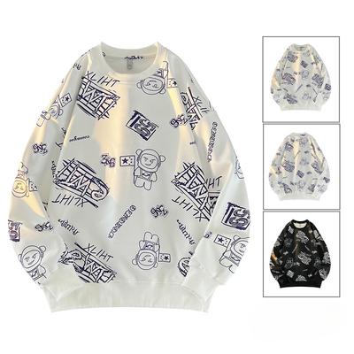 Trendy Graffiti Round Neck Sweatshirt for Men, Autumn Loose Student Long-sleeved Jacket, Trendy Couple Tops