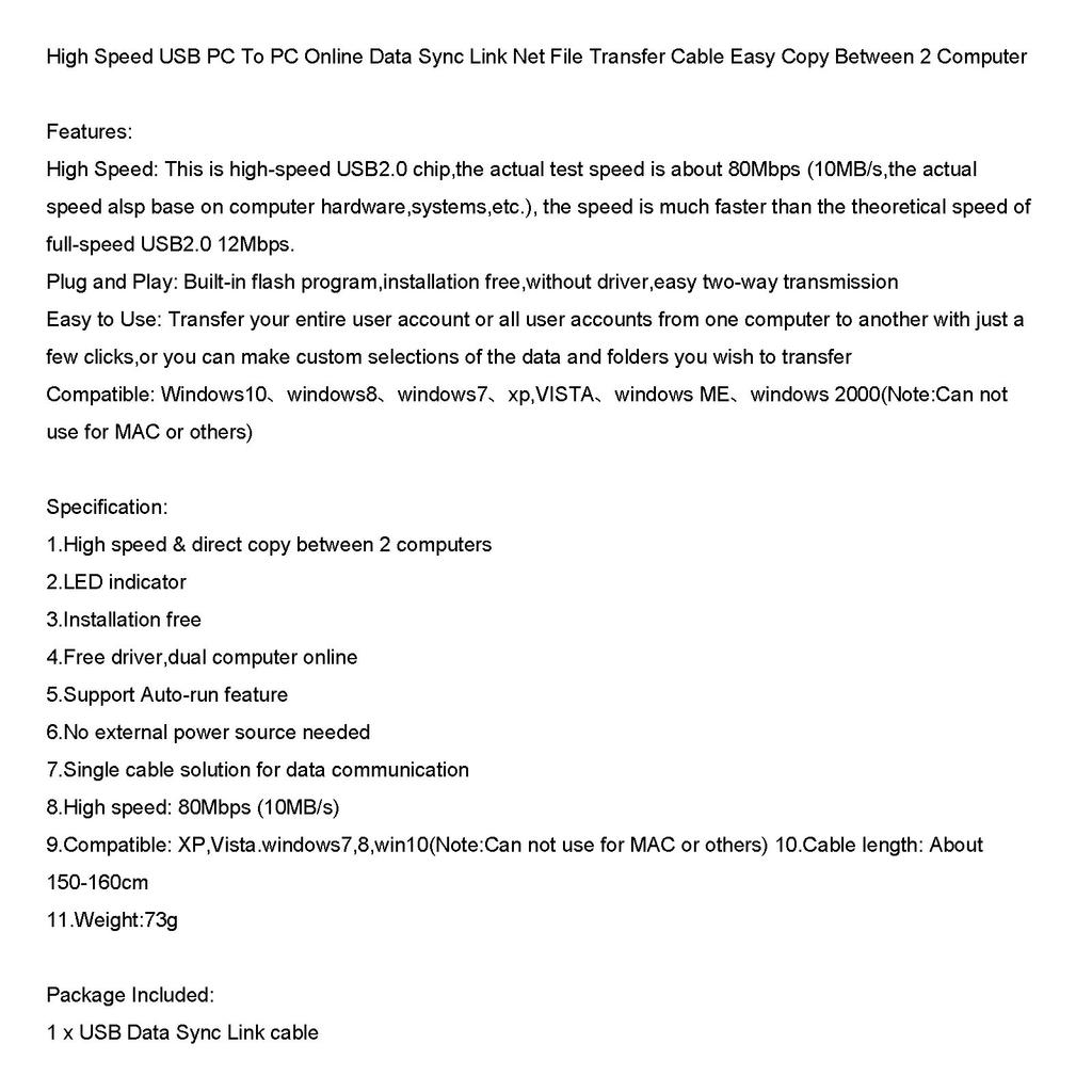 High Speed USB PC zu PC Online Teilen Synchronisieren Link Net Direkt Datendateiübertragung