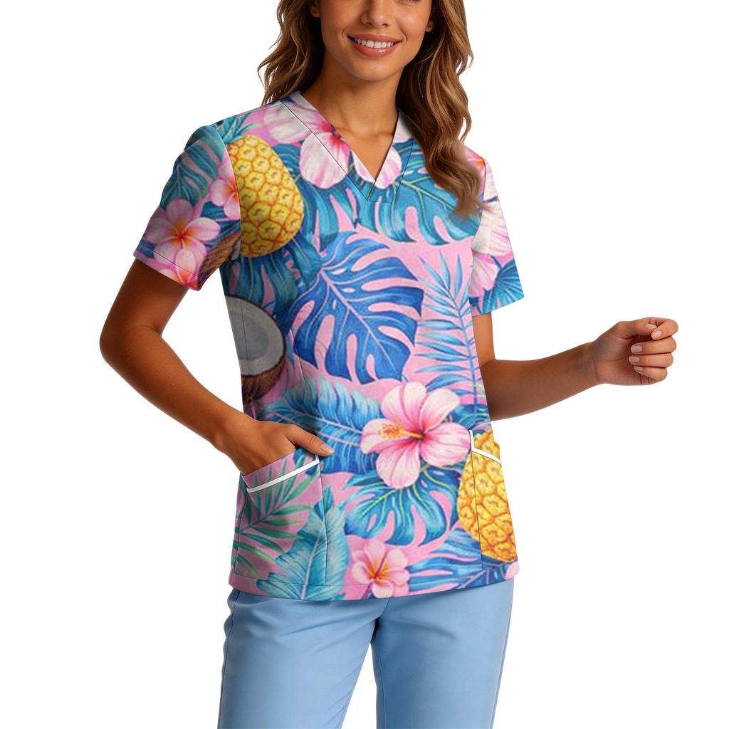 Women's Stretch Quick-Dry V-Neck Short Sleeve Workwear Top with Hawaiian Print & Pockets
