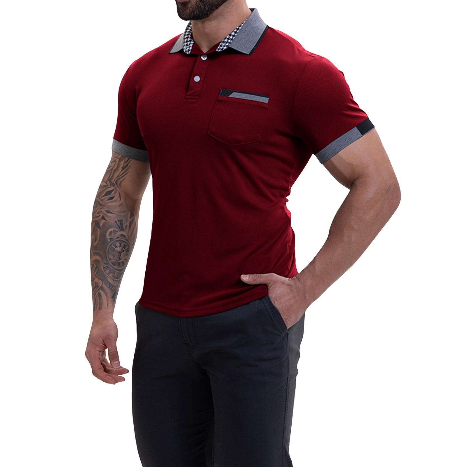 

Мужская однотонная рубашка с коротким рукавом и карманом на пуговицах, мужская повседневная модная рубашка XXL винный