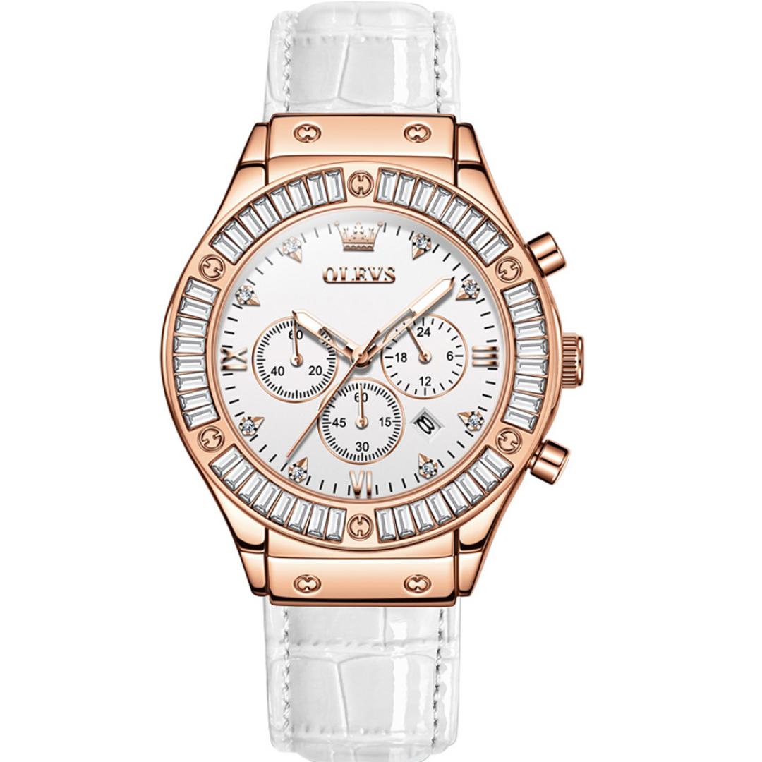 Luxuriöse Chronographen-Quarzuhr für Damen, Lederarmband, wasserdicht, leuchtend, Kalender, modische Kristalluhren für Damen hellrosa/weiß