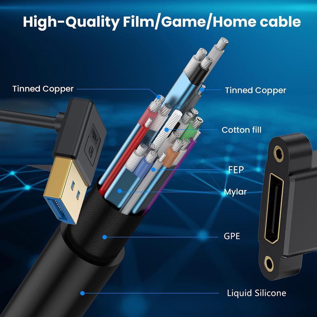 Cablecc DisplayPort 8K 60Hz 4K 144Hz DP Male to Female Extension for and Graphics Cards 1.4 Ultra-Fine Down-Angled Cable, 30cm, Desktops, Laptops,