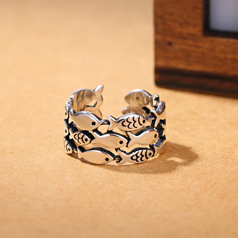 Female Fish Ring Retro Wide Open Ring Hand Jewelry Multi-layered Fish Ring