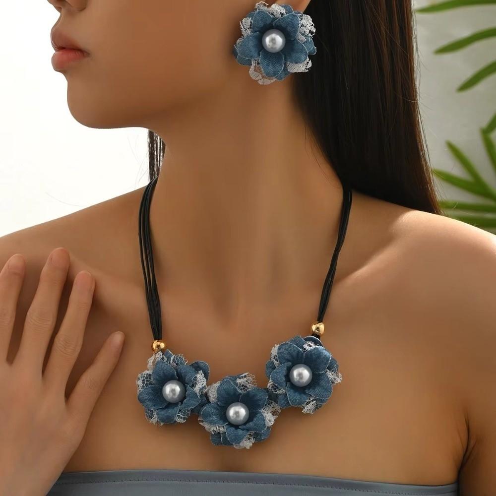 Exquisite Boho Denim Flower Earrings Imitation Pearl Vintage Style Denim Set Daily Wear Gift Jewelry Sets Women