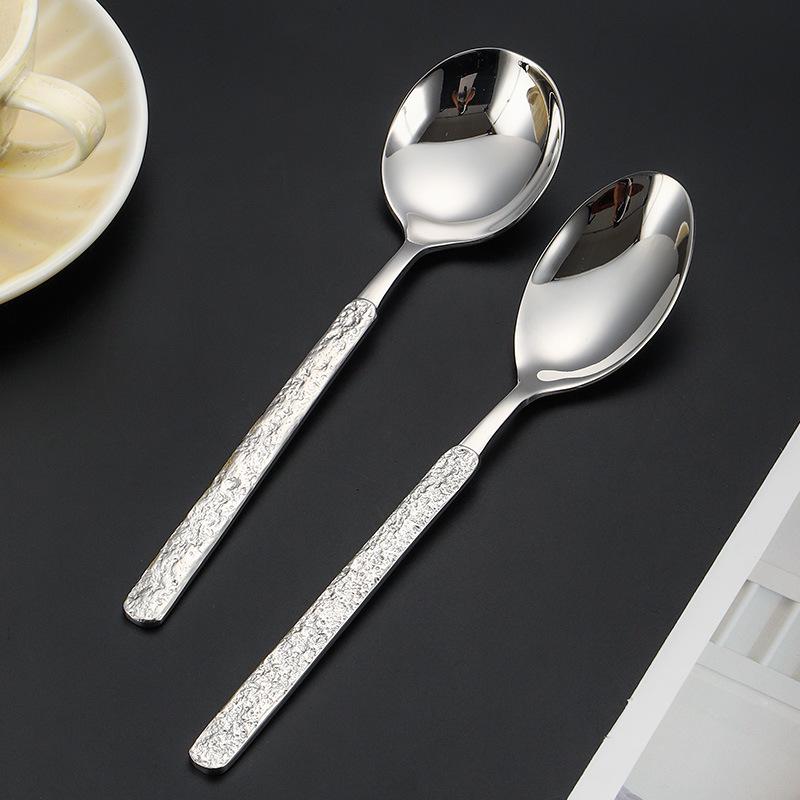 304 Stainless Steel Western Cutlery Set with Stone Pattern: Steak Knife, Dinner Fork, Dinner Spoon, Dessert Spoon.