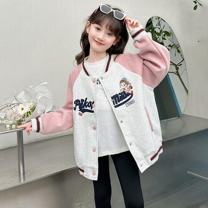 

2025 Девичья мультяшная бейсбольная куртка с буквенным принтом для подростков – Милая весенне-осенняя верхняя одежда 150 cm розовый/серый