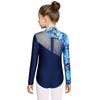 Kids Girls Performance Leotard: Long Sleeve Mock Neck with Mesh Patchwork & Butterfly Print Rhinestone Bodysuit Back Zipper