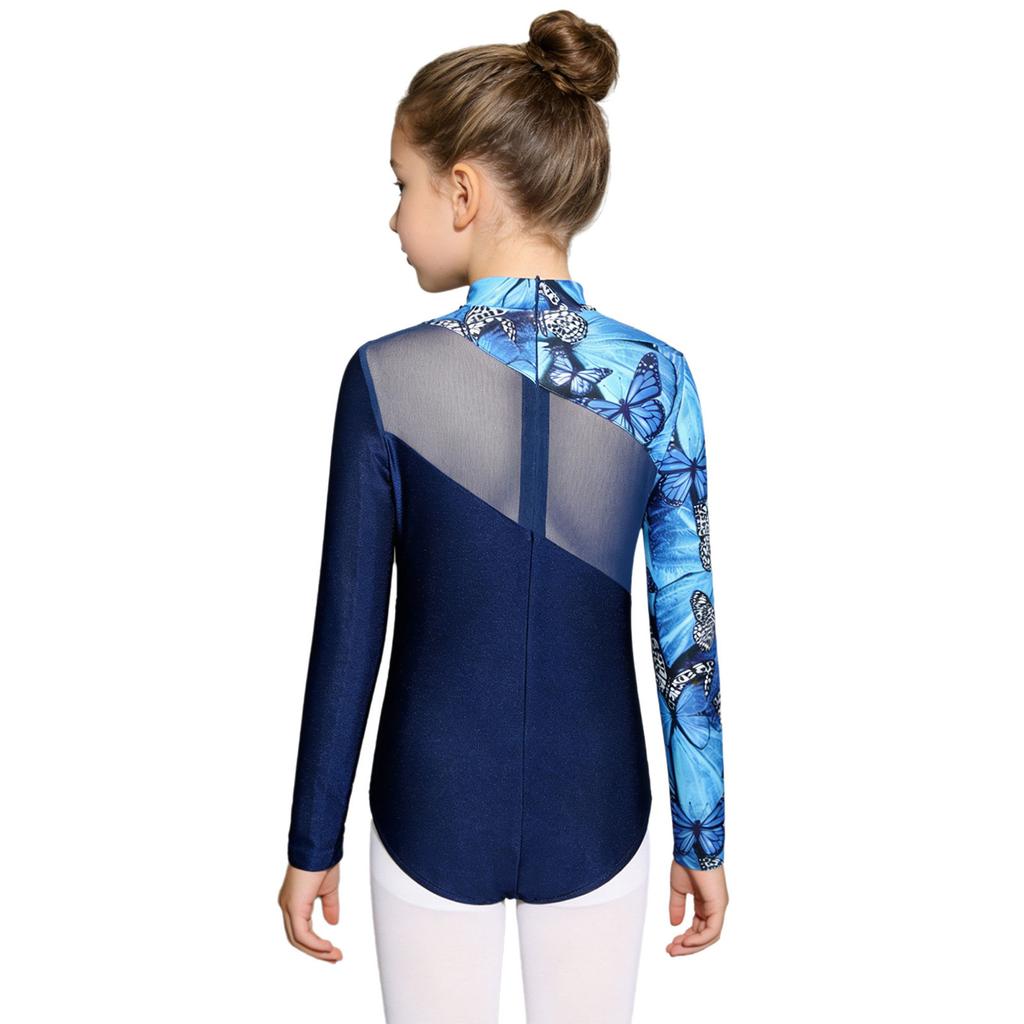 Kids Girls Performance Leotard: Long Sleeve Mock Neck with Mesh Patchwork & Butterfly Print Rhinestone Bodysuit Back Zipper