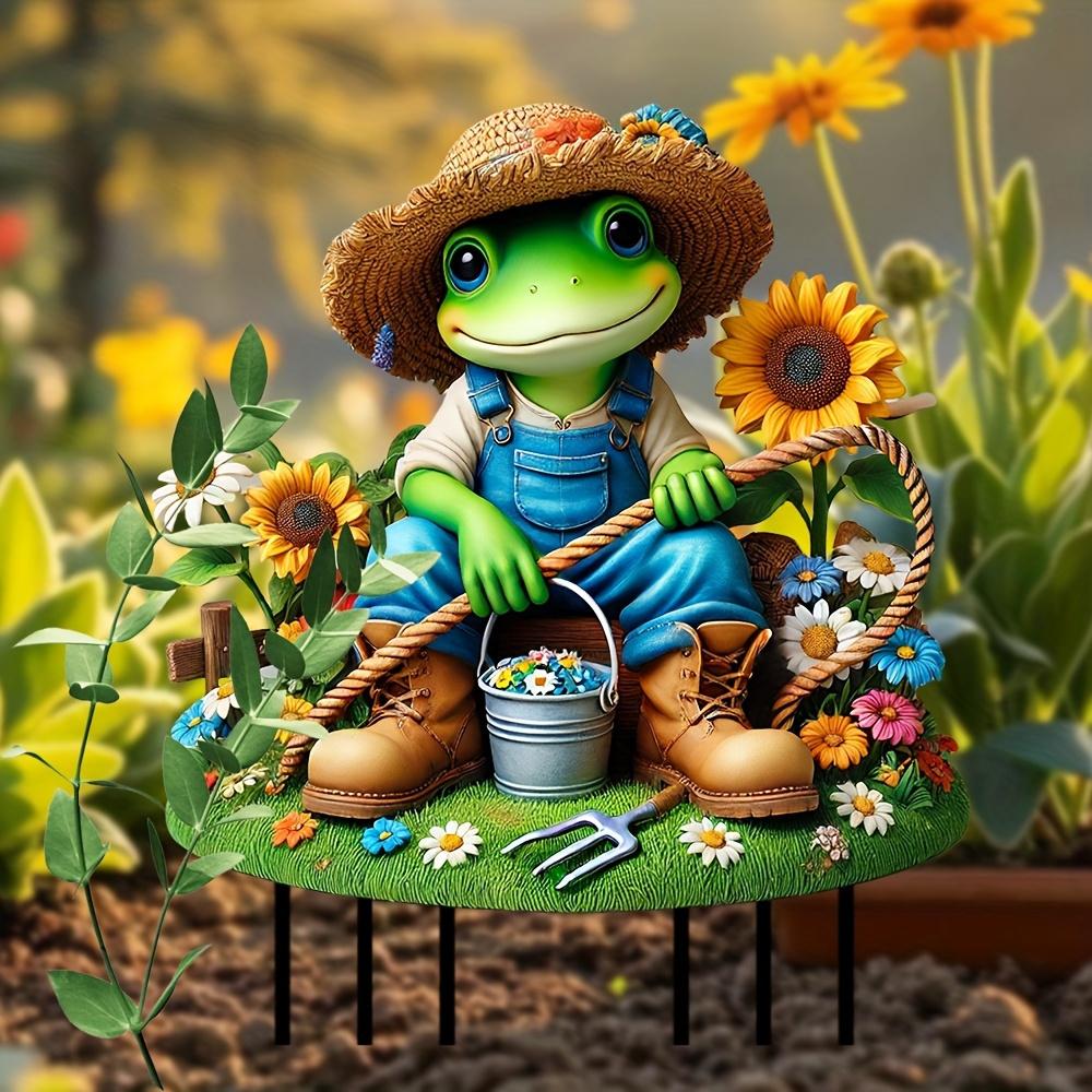 2D Flacher Frosch Gartendekoration Mit Strohhut Stiefeln Und Blumentopf, Ideal Für Rasen Hof Terrasse Garten Außenornament & Geschenk