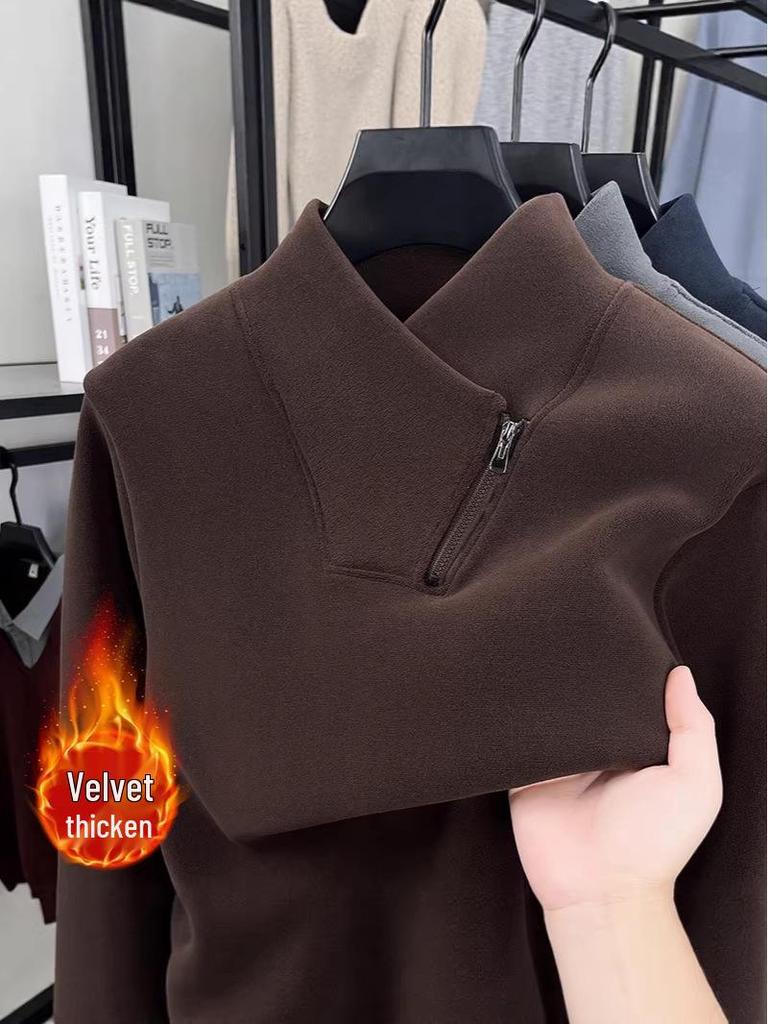 Men's Double-Sided Sherpa Fleece Hoodie, Half-Zip Stand Collar, Thickened and Warm Pullover Base Layer