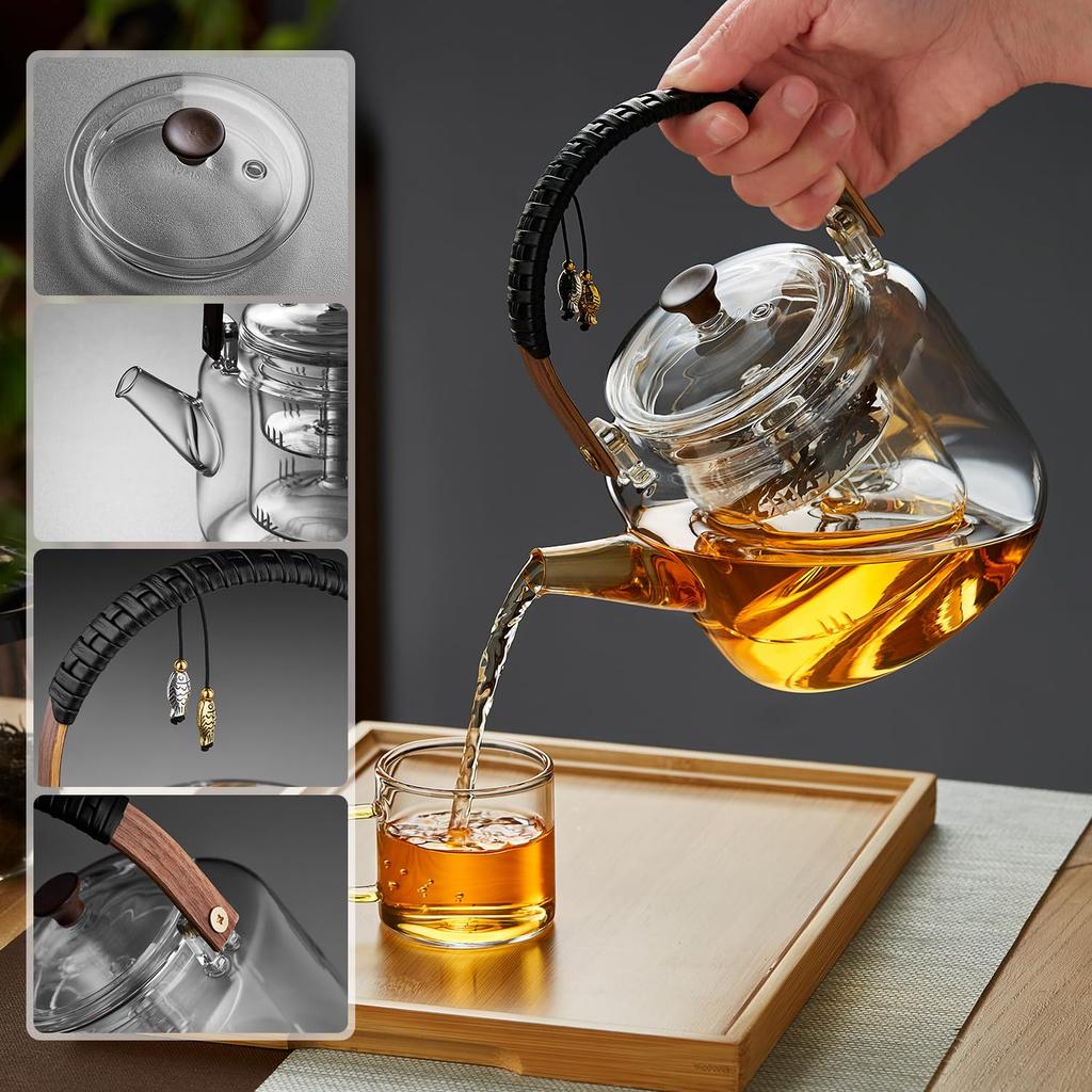 Pokaro Tea Pisces Glass Teapot, Heat-Resistant Glass, Large Capacity (1020ml), Suitable for Steaming and Boiling Tea, Includes a Dual-Use Glass Tea