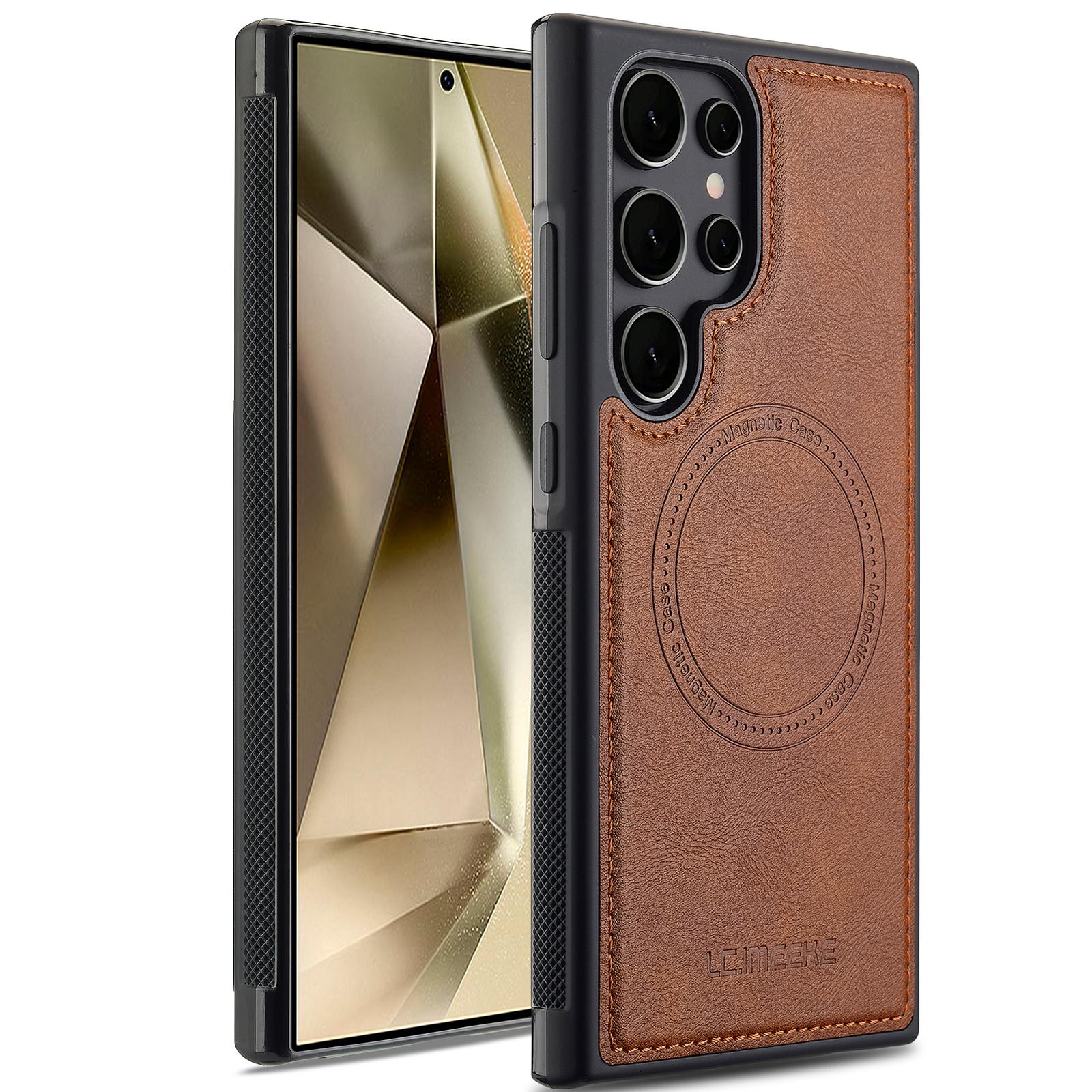 

LC.IMEEKE For Samsung Galaxy S25 Ultra Magnetic Case Compatible with MagSafe Leather TPU Back Cover Brown