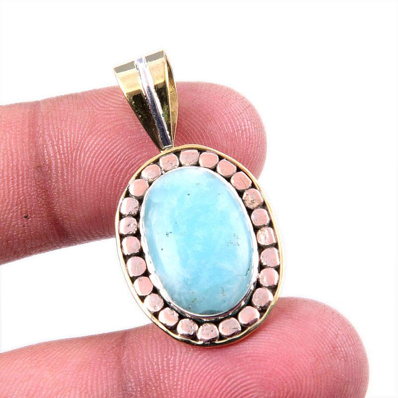 

Natural Amazonite Gemstone 925 Solid Sterling Silver Two Tone Pendant 1.5 Z9G87