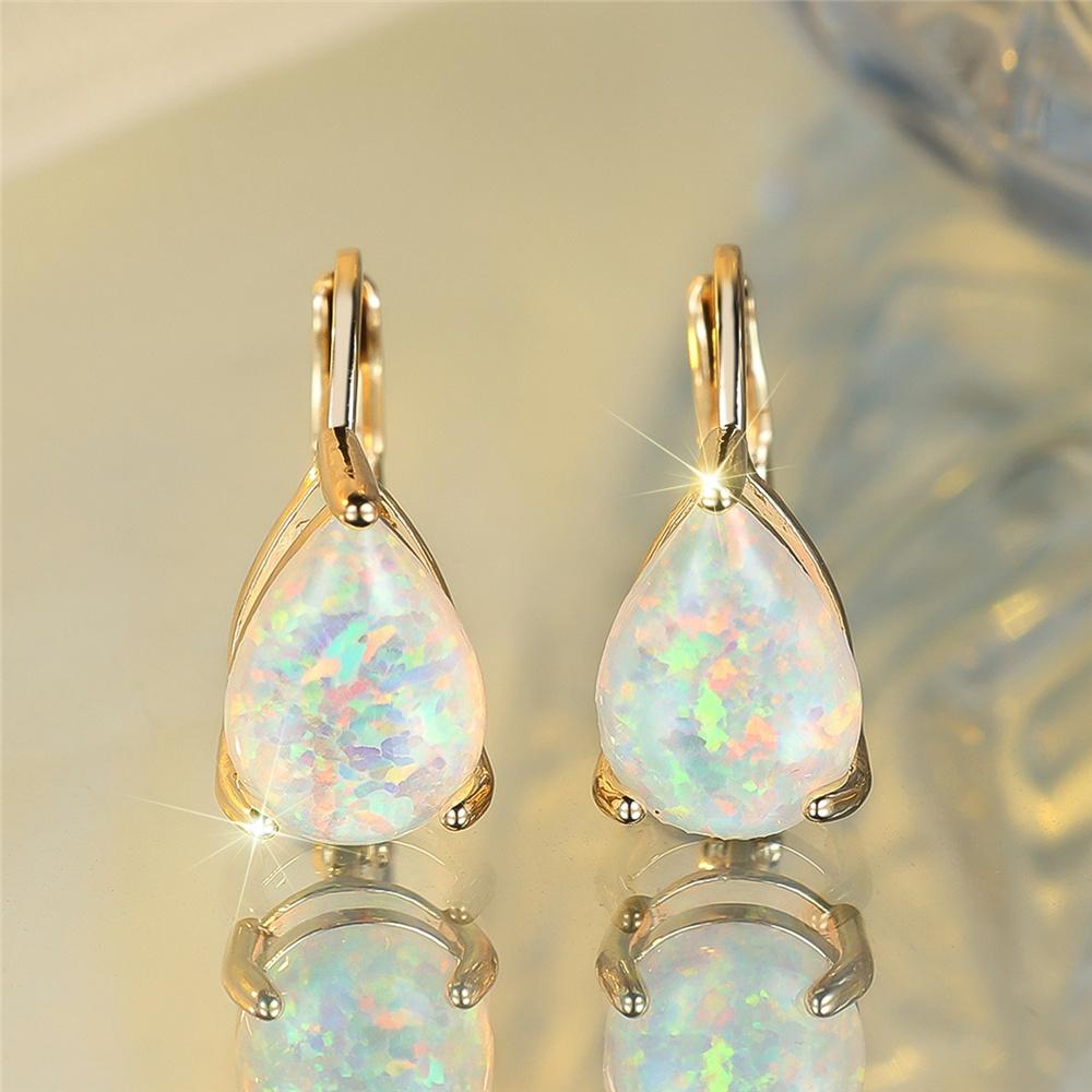 Female White Opal Water Drop Stone Hoop Earrings Vintage Fashion Gold Silver Color Wedding Jewelry For Women