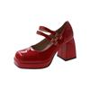 Fashion New Lacquer Leather Women's Double Button Thick High Heels Women's Square Head Buckle Thick Heels Large Heels Women's Shoes