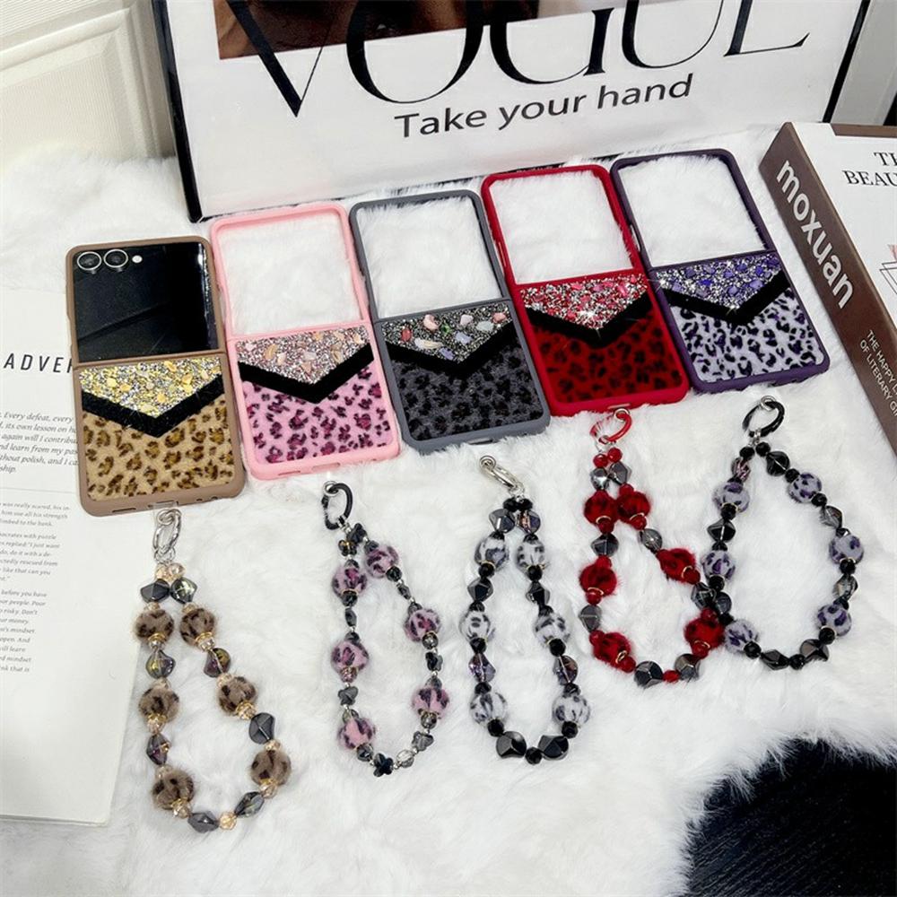 For Samsung Galaxy Z Flip7 5G Case Stone Decor Glitter Leopard Splicing Plush PC Phone Cover with Hand Chain