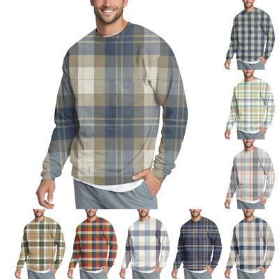 Men's Casual Fashion Comfortable Plaid Round Neck Pullover Sweatshirt Sweatshirt