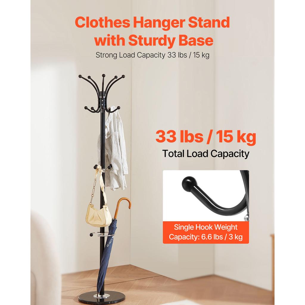 SucceBuy Freestanding Coat Rack Metal Coat Rack Stand with Umbrella Holder Stable Marble Base&14Hooks Hall Coat Tree for Bedroom