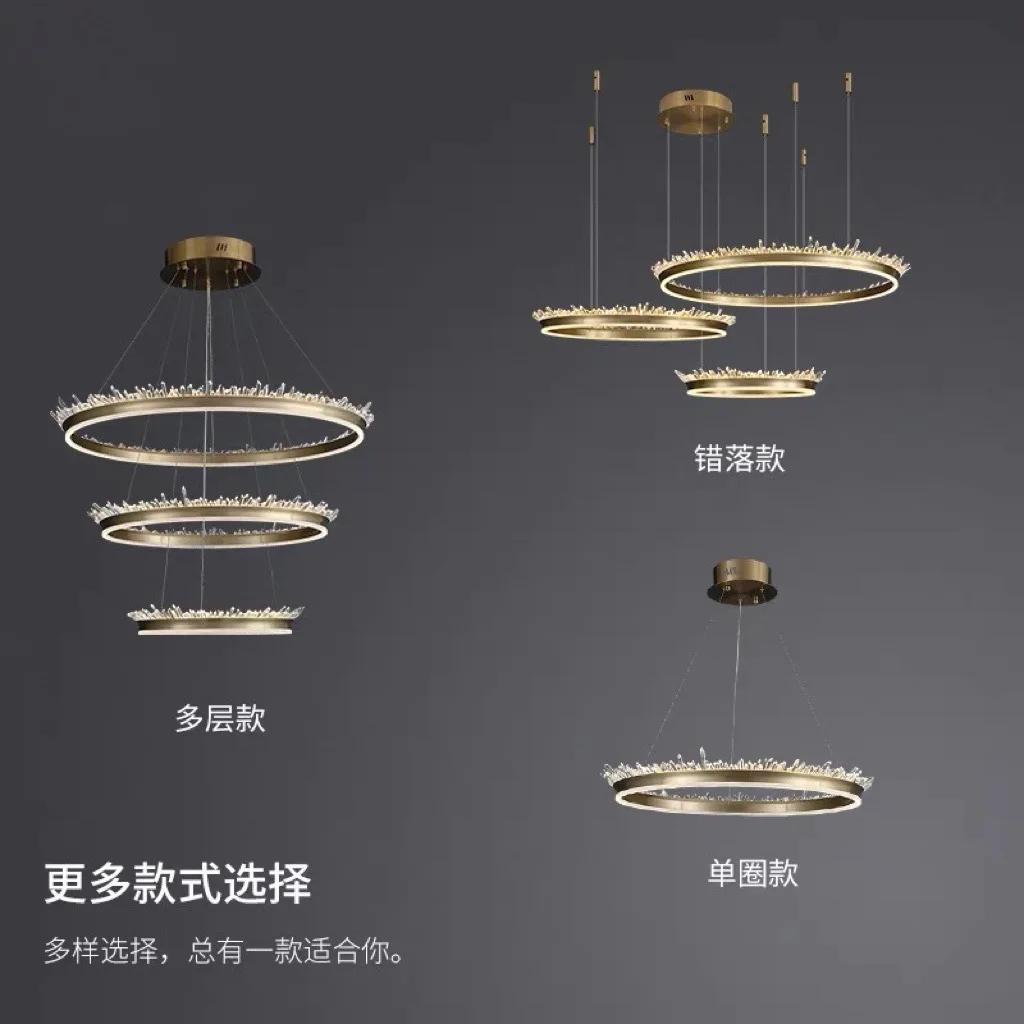 Round Crystal LED Chandeliers Gold Metal Hotel Hall Foyer Dining Room Hanging Light Fixtures Cord Adjustable Modern Loft Lamp