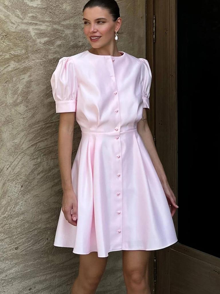 Europäischer & Amerikanischer Stil Geraffte Taille A-Linien Midi-Kleid mit Rundhalsausschnitt Puffkurzärmeln & Perlenknöpfen für Damen