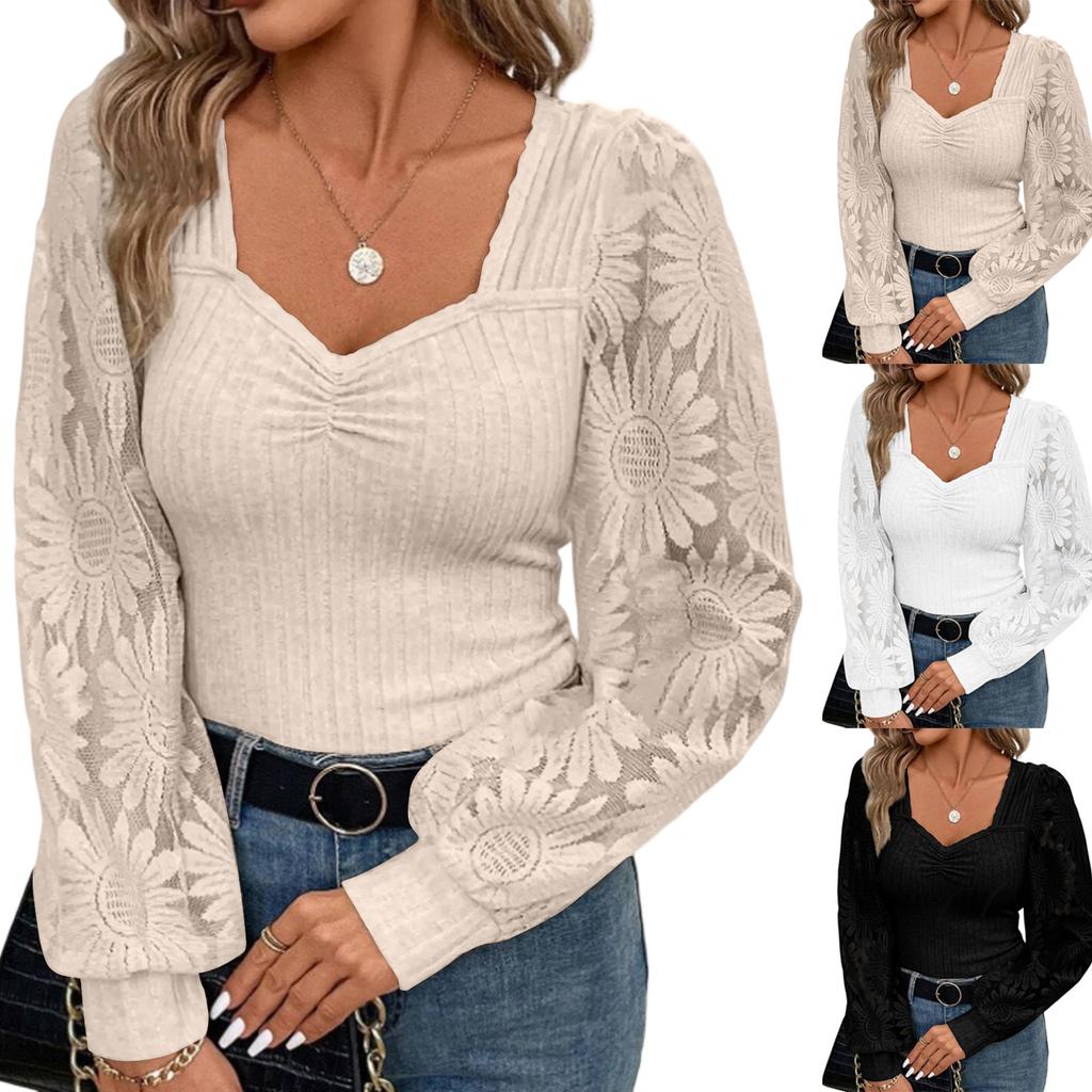Women's Solid Color Long Sleeved U-neck Knitted Women's Base Shirt With Lace And Lace Patchwork Top