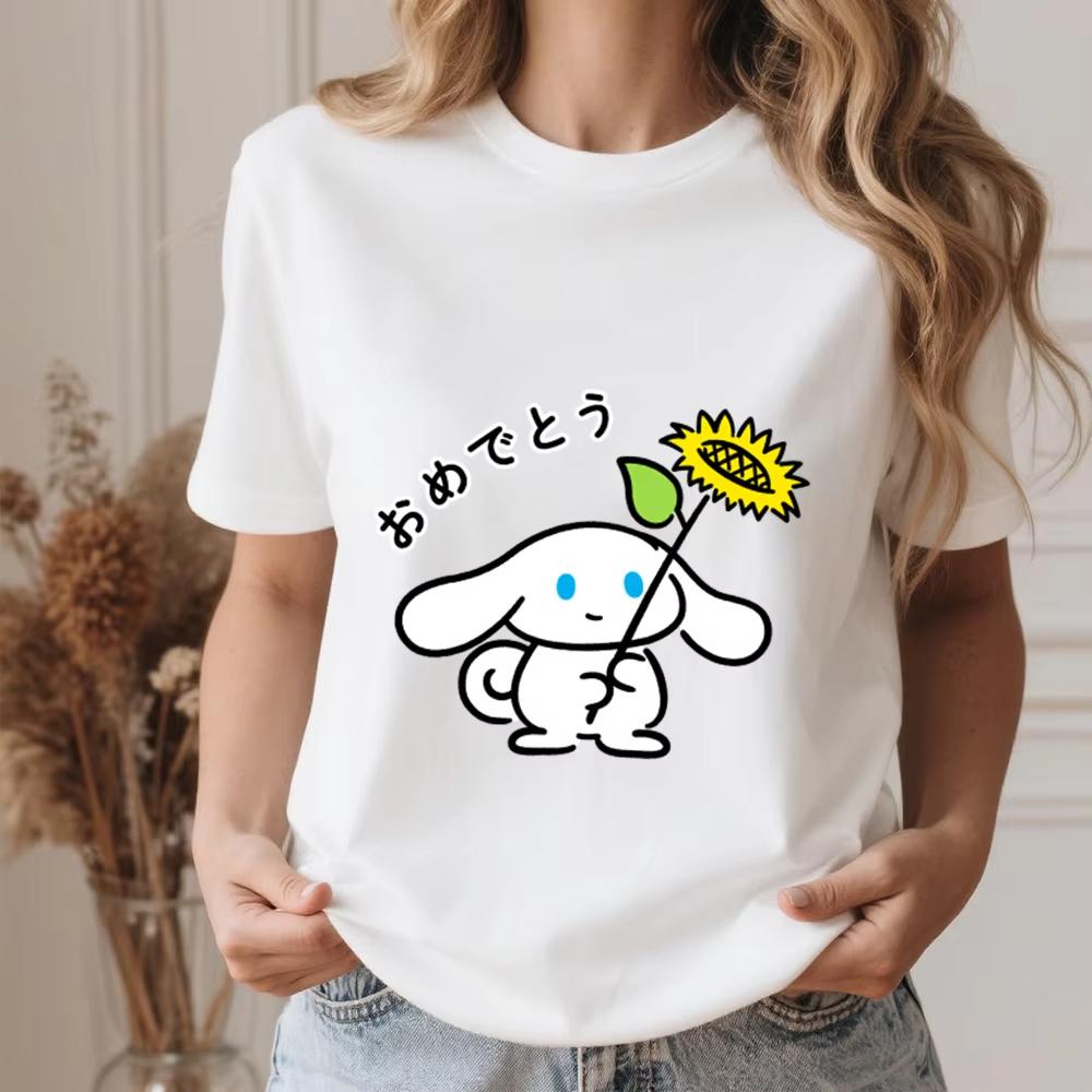 2026 Summer Cinnamoroll Sunflower Wishes Print Cotton T Shirt for Women Casual Comfort Summer Top S
