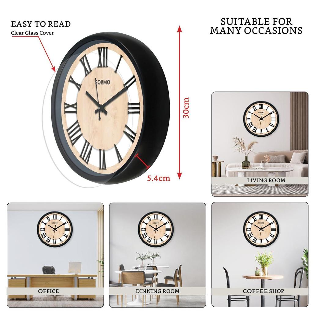 Roman Wheel 12-inch Plastic and Glass Silent Movement Wall Clock (Black).