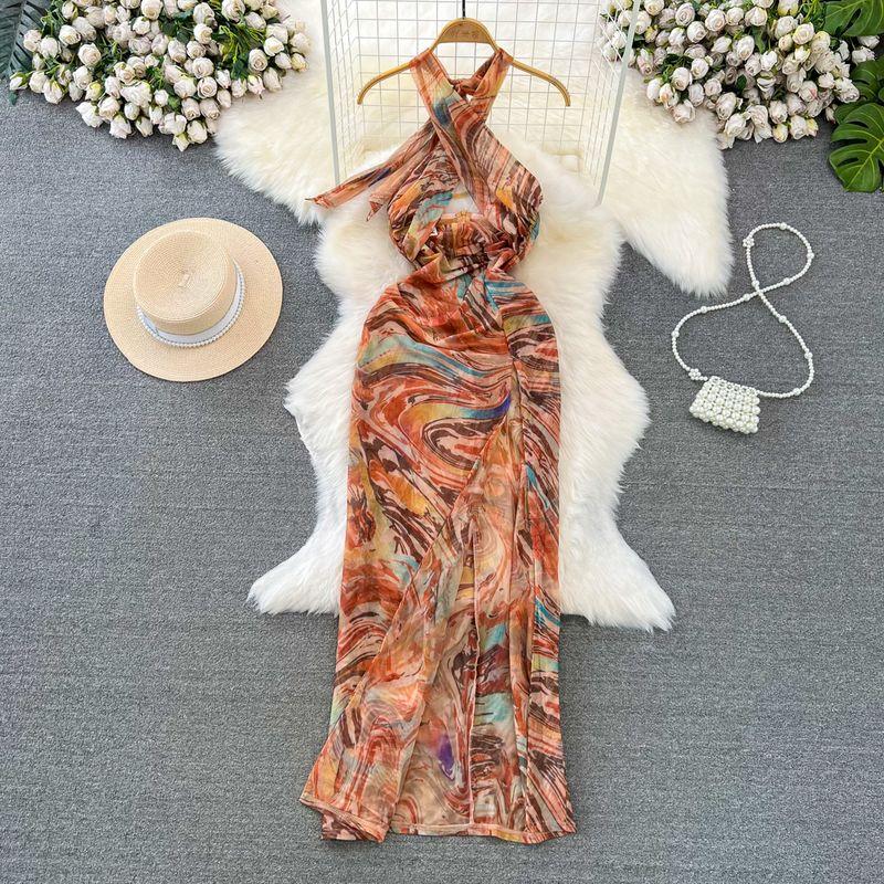 

Socialite Blooming Print Backless Slit Dress Halterneck Brown S