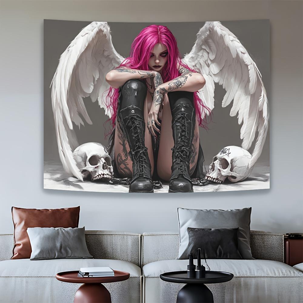 Pink Hair Angel With White Wings Skulls Tattooed Woman Wall Tapestry Gothic Art Decor Dark Aesthetic Home Interior Design