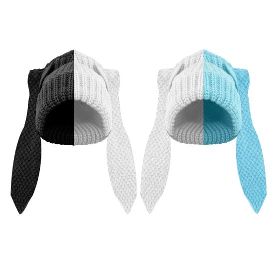 2Pcs 3D Long Rabbit Ears Beanie Hat, Women Bunny Knit Beanie Hat, Winter Warm Knit Rabbit Crochet Skull Hat, Patchwork Color ( Black & White, Blue &