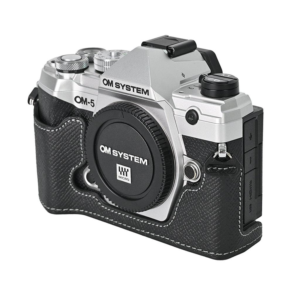 Hliníkový kovový pouzdro na polovinu těla fotoaparátu z pravé kůže pro Olympus OM-5 OM5 s otvorem pro baterii a spodním krytem