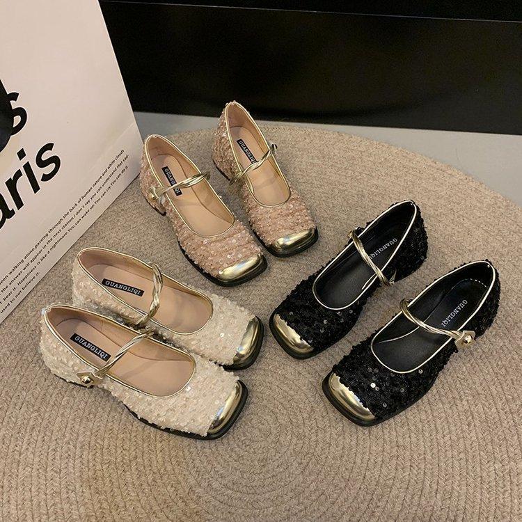 French Sequined Silver Bag Head Half Slippers Women's 2025 Spring and Summer Xiaoxiangfeng Korean Version Temperament Mary Jane Single Shoes Women's S