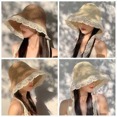 Foldable Lace Trim Hats Sun Protection Straw Sun Visors High Quality Straw Hat  Women Girls