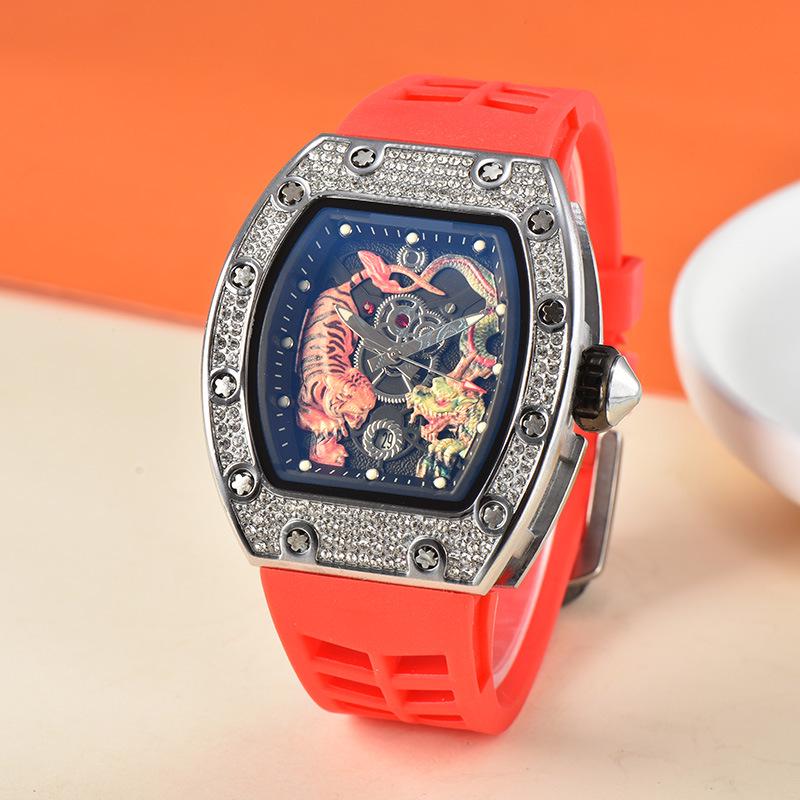 Men's Trendy Barrel-Shaped Full Diamond Quartz Watch with Calendar