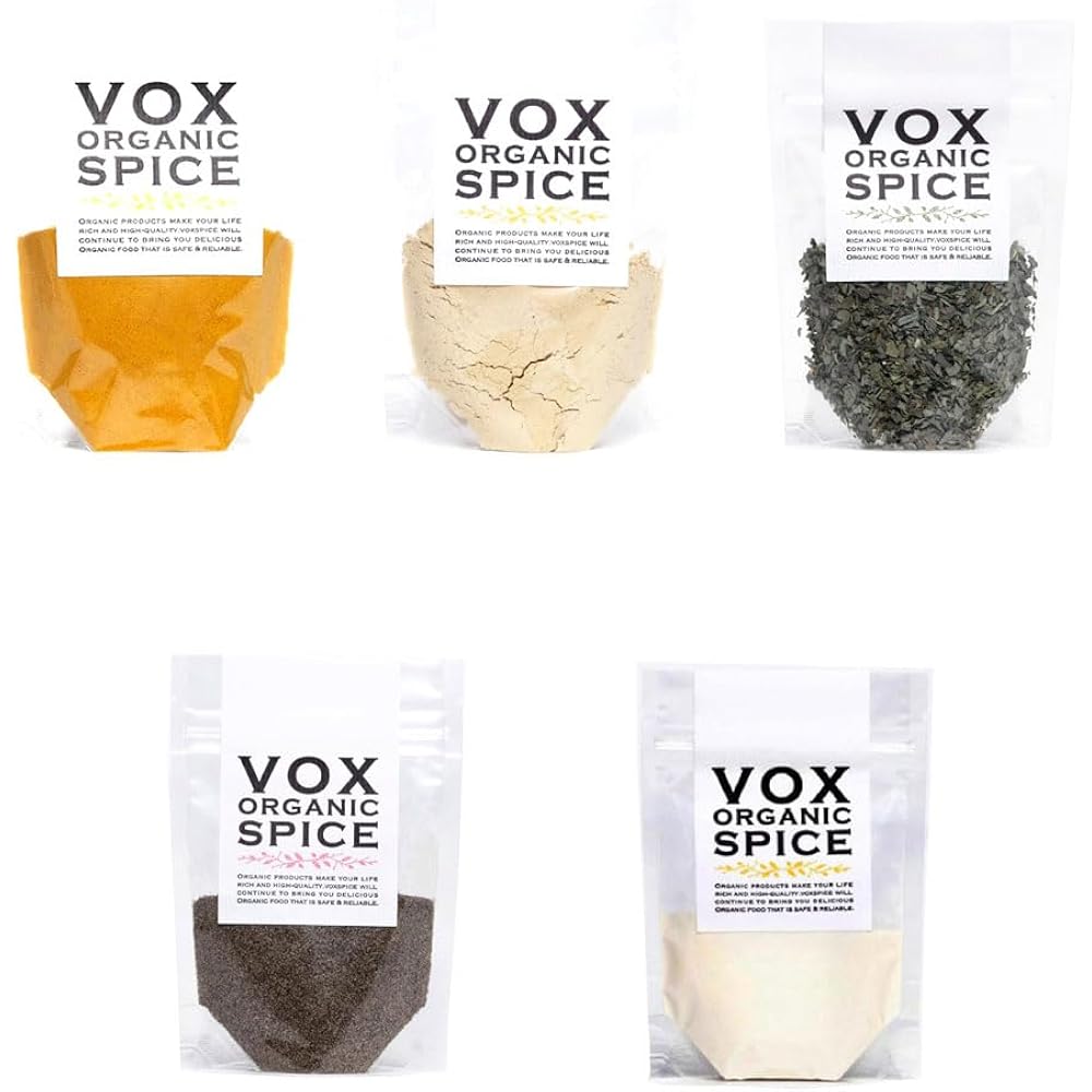 VOXSPICE Organic Basic Spice Set (5 Varieties) (Turmeric 25g / Ginger 25g / Garlic 30g / Black Pe...