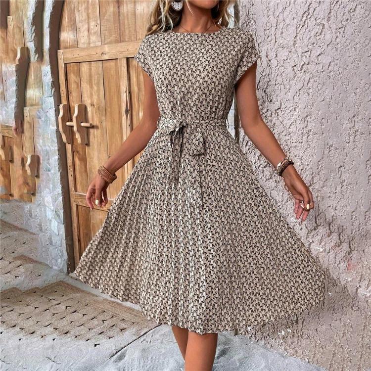 

Летнее женское платье с круглым вырезом, плиссированное, средней длины, с коротким рукавом, с поясом S