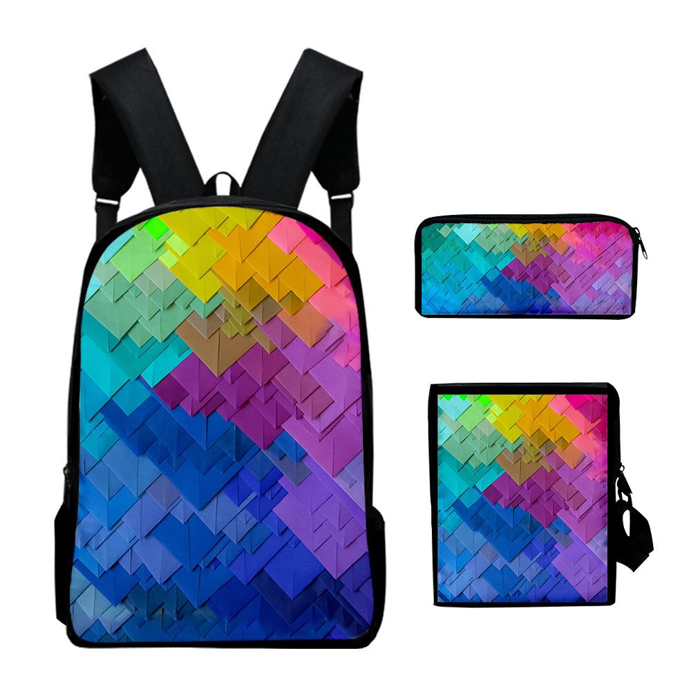 Classic Novelty Creative color blocking 3D Print 3pcs/Set School Bags Laptop Daypack Backpack Inclined shoulder bag Pencil Case